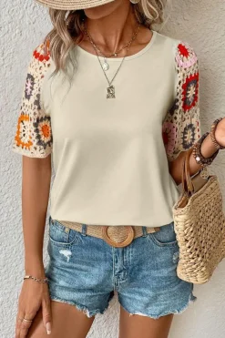 Clearance Dear-Lover Floral Crochet Short Sleeve Top Parchment