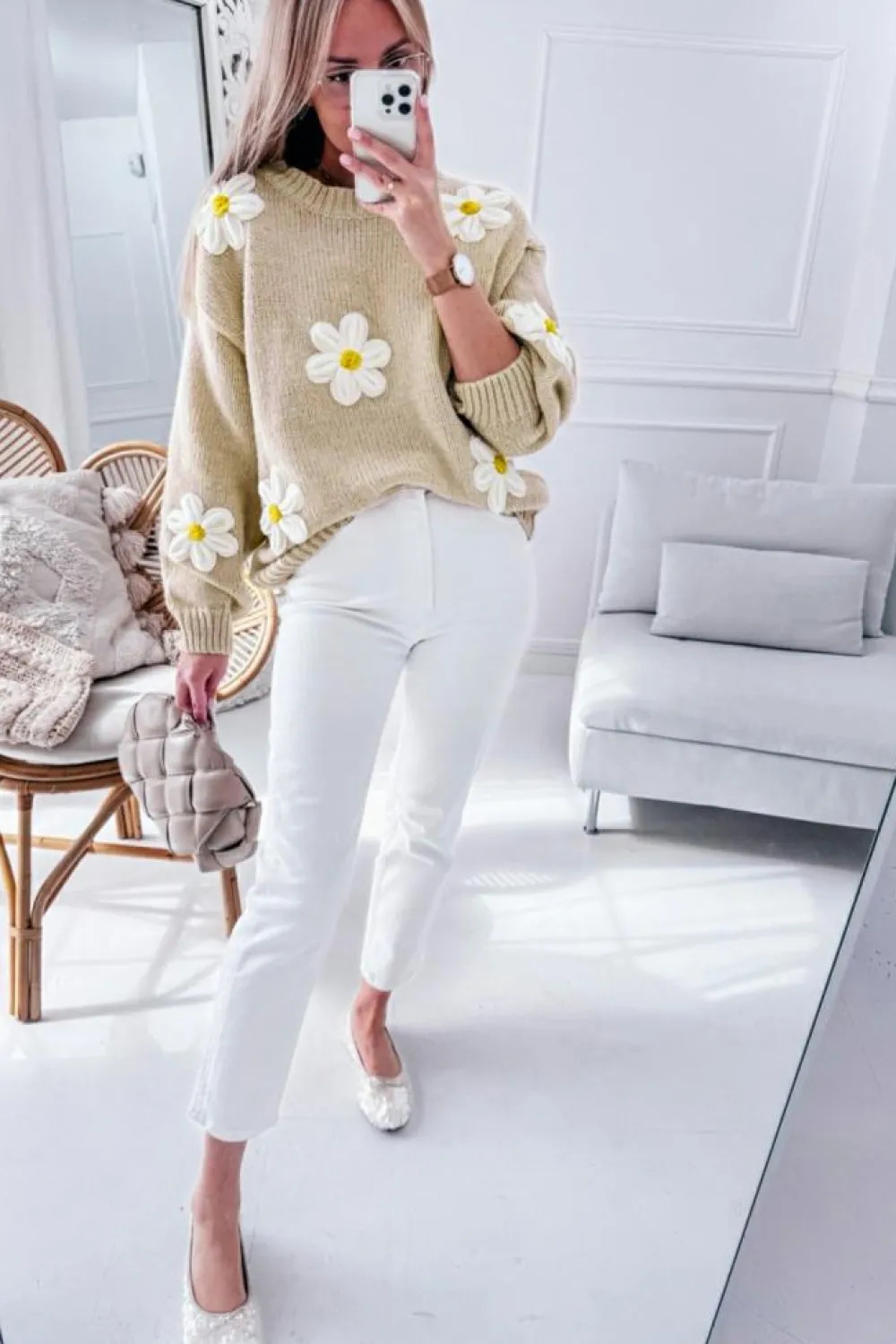 Fashion Dear-Lover Floral Crochet Chunky Knit Sweater Parchment