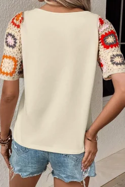 Clearance Dear-Lover Floral Crochet Short Sleeve Top Parchment