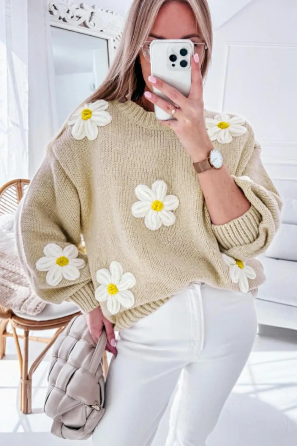 Fashion Dear-Lover Floral Crochet Chunky Knit Sweater Parchment