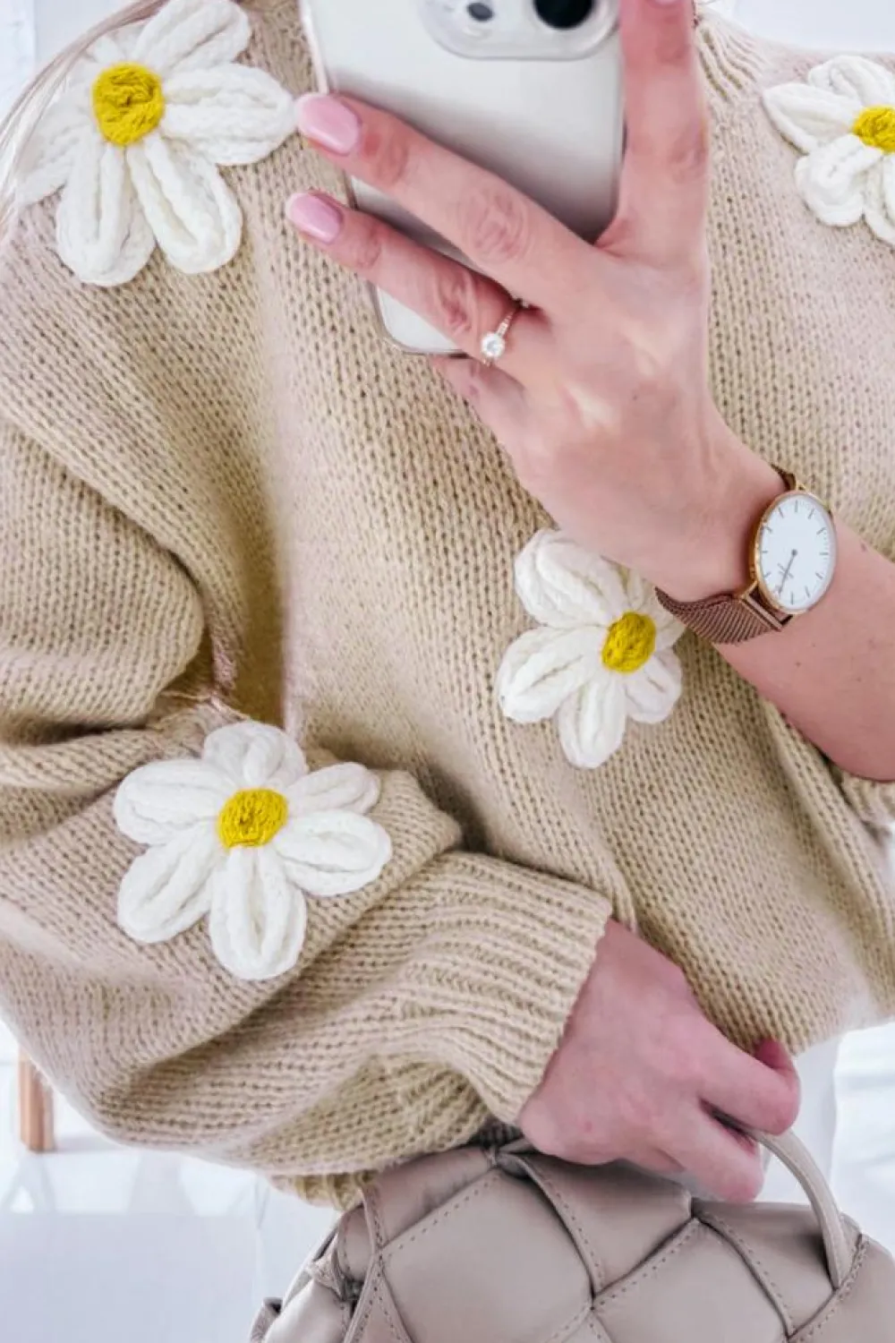 Fashion Dear-Lover Floral Crochet Chunky Knit Sweater Parchment