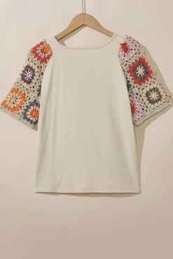 Clearance Dear-Lover Floral Crochet Short Sleeve Top Parchment