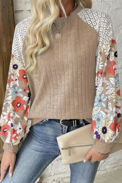 Sale Dear-Lover Floral Patchwork Long Sleeve Ribbed Blouse Parchment
