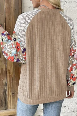 Sale Dear-Lover Floral Patchwork Long Sleeve Ribbed Blouse Parchment