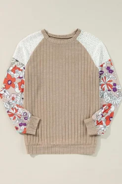Sale Dear-Lover Floral Patchwork Long Sleeve Ribbed Blouse Parchment