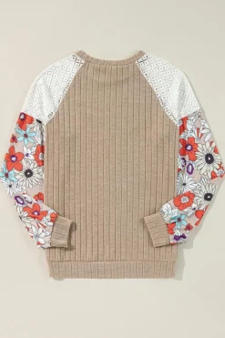 Sale Dear-Lover Floral Patchwork Long Sleeve Ribbed Blouse Parchment