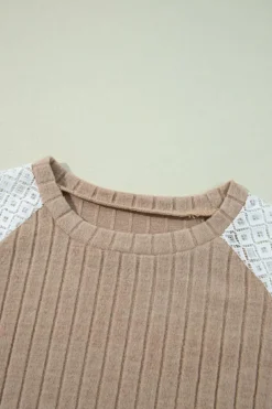 Sale Dear-Lover Floral Patchwork Long Sleeve Ribbed Blouse Parchment