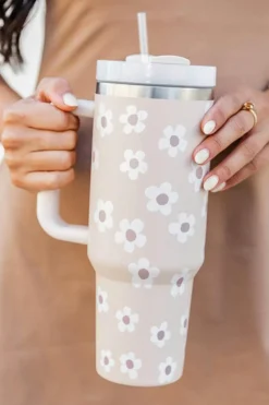 Outlet Dear-Lover Floret Print Stainless Tumbler With Lid And Straw 40oz Parchment