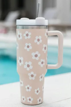 Outlet Dear-Lover Floret Print Stainless Tumbler With Lid And Straw 40oz Parchment