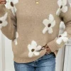 Hot Dear-Lover Flower Pattern Ribbed Trim Crew Neck Sweater Parchment