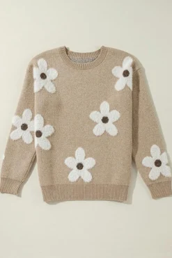 Hot Dear-Lover Flower Pattern Ribbed Trim Crew Neck Sweater Parchment