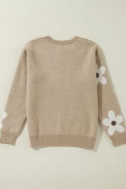 Hot Dear-Lover Flower Pattern Ribbed Trim Crew Neck Sweater Parchment