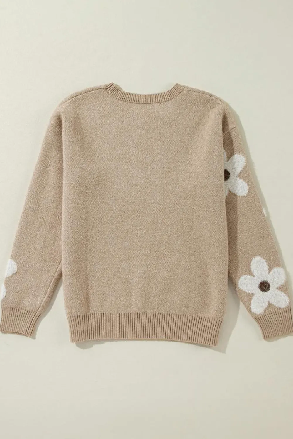 Hot Dear-Lover Flower Pattern Ribbed Trim Crew Neck Sweater Parchment