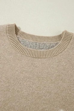 Hot Dear-Lover Flower Pattern Ribbed Trim Crew Neck Sweater Parchment