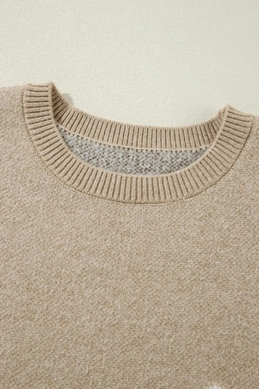 Hot Dear-Lover Flower Pattern Ribbed Trim Crew Neck Sweater Parchment