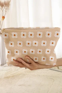 Hot Dear-Lover Flowers Print Textured Corduroy Large Makeup Bag Parchment