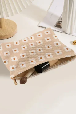 Hot Dear-Lover Flowers Print Textured Corduroy Large Makeup Bag Parchment