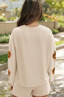 Online Dear-Lover Halloween Sequin Pumpkin Corded Two Piece Shorts Set Parchment