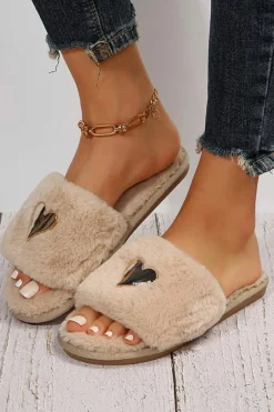 Discount Dear-Lover Heart Shape Buckle Decor Open Toe Plush Slippers Parchment