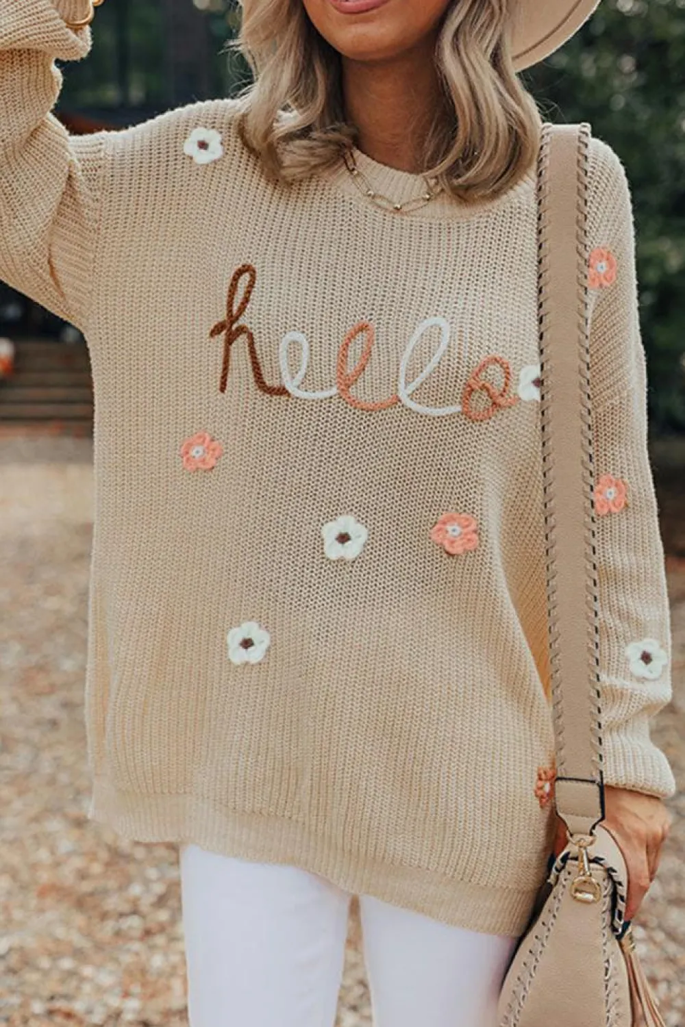 Discount Dear-Lover Hello Floral Embroidered Knit Loose Sweater Parchment