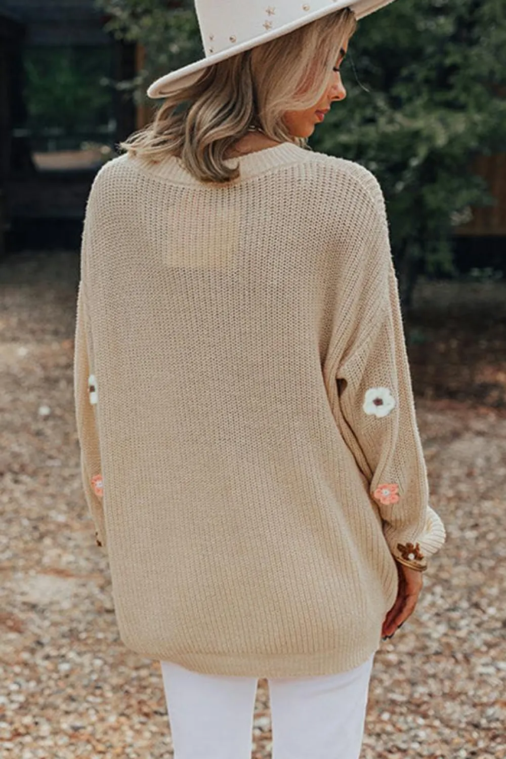 Discount Dear-Lover Hello Floral Embroidered Knit Loose Sweater Parchment