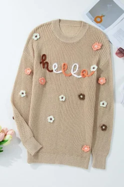 Discount Dear-Lover Hello Floral Embroidered Knit Loose Sweater Parchment