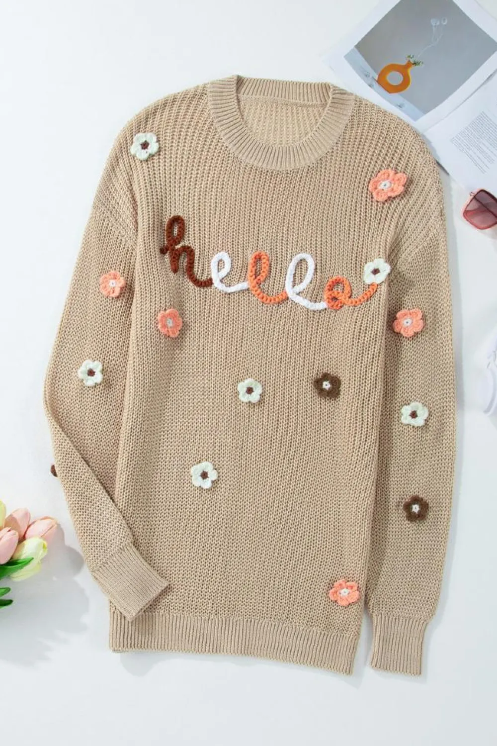 Discount Dear-Lover Hello Floral Embroidered Knit Loose Sweater Parchment