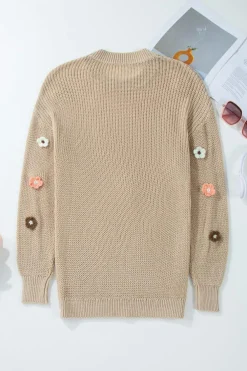 Discount Dear-Lover Hello Floral Embroidered Knit Loose Sweater Parchment