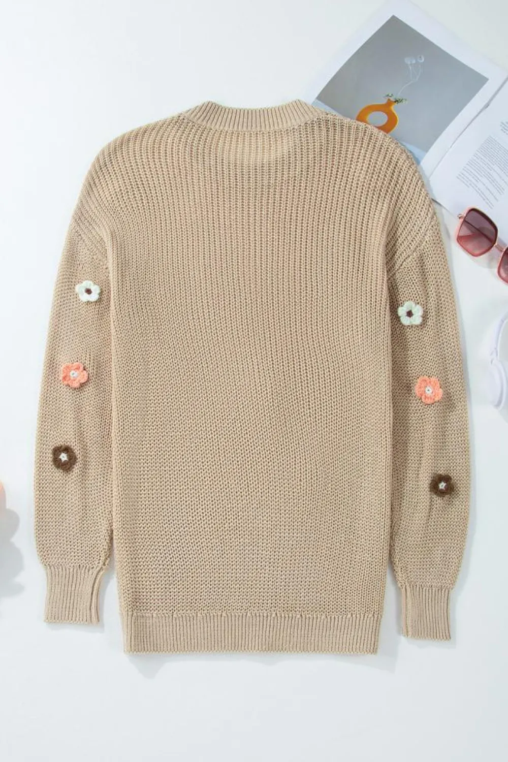 Discount Dear-Lover Hello Floral Embroidered Knit Loose Sweater Parchment