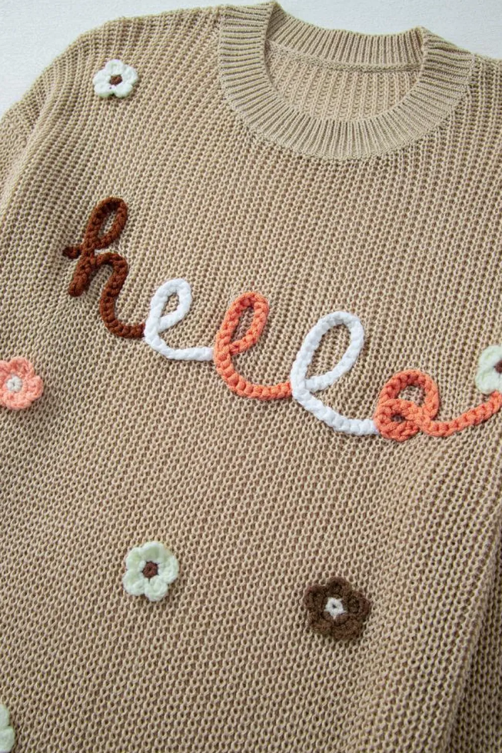 Discount Dear-Lover Hello Floral Embroidered Knit Loose Sweater Parchment