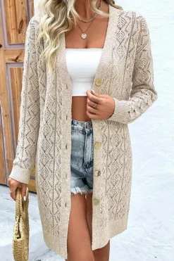 Discount Dear-Lover Hollow Out Buttons Front Long Cardigan Parchment