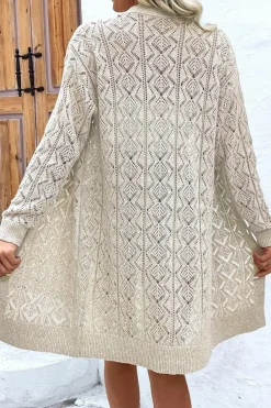 Discount Dear-Lover Hollow Out Buttons Front Long Cardigan Parchment