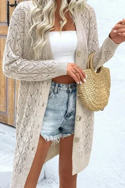 Discount Dear-Lover Hollow Out Buttons Front Long Cardigan Parchment