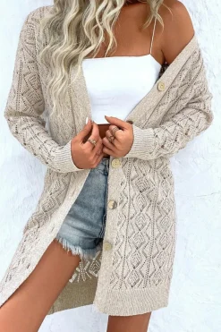 Discount Dear-Lover Hollow Out Buttons Front Long Cardigan Parchment