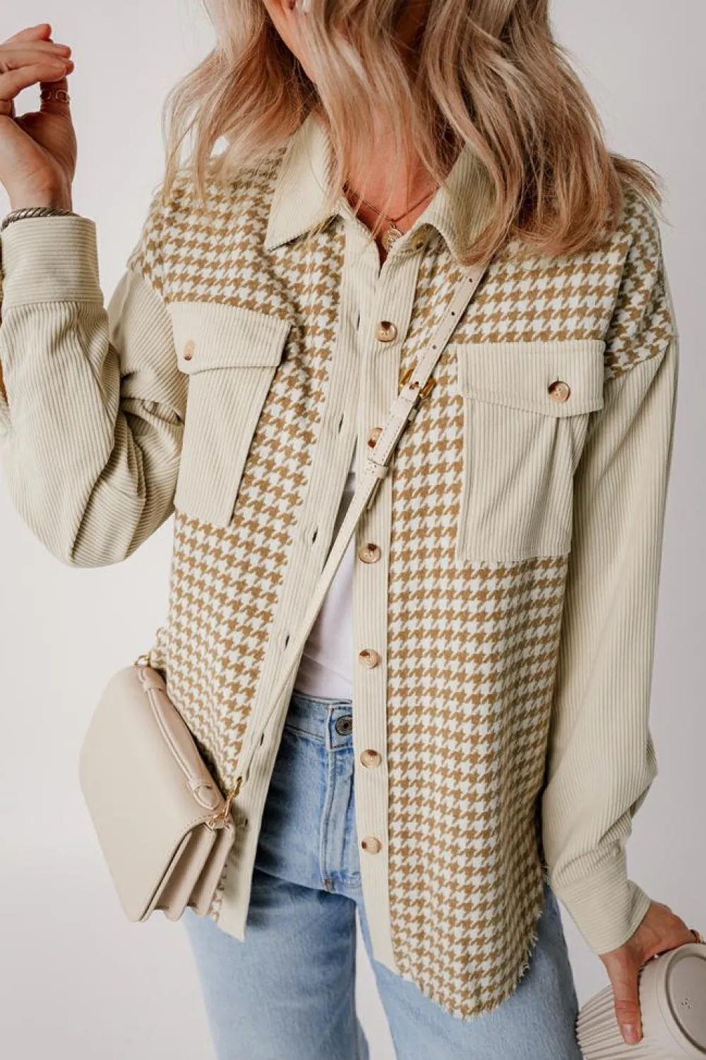 Hot Dear-Lover Houndstooth Corduroy Patchwork Flap Pocket Shacket Parchment