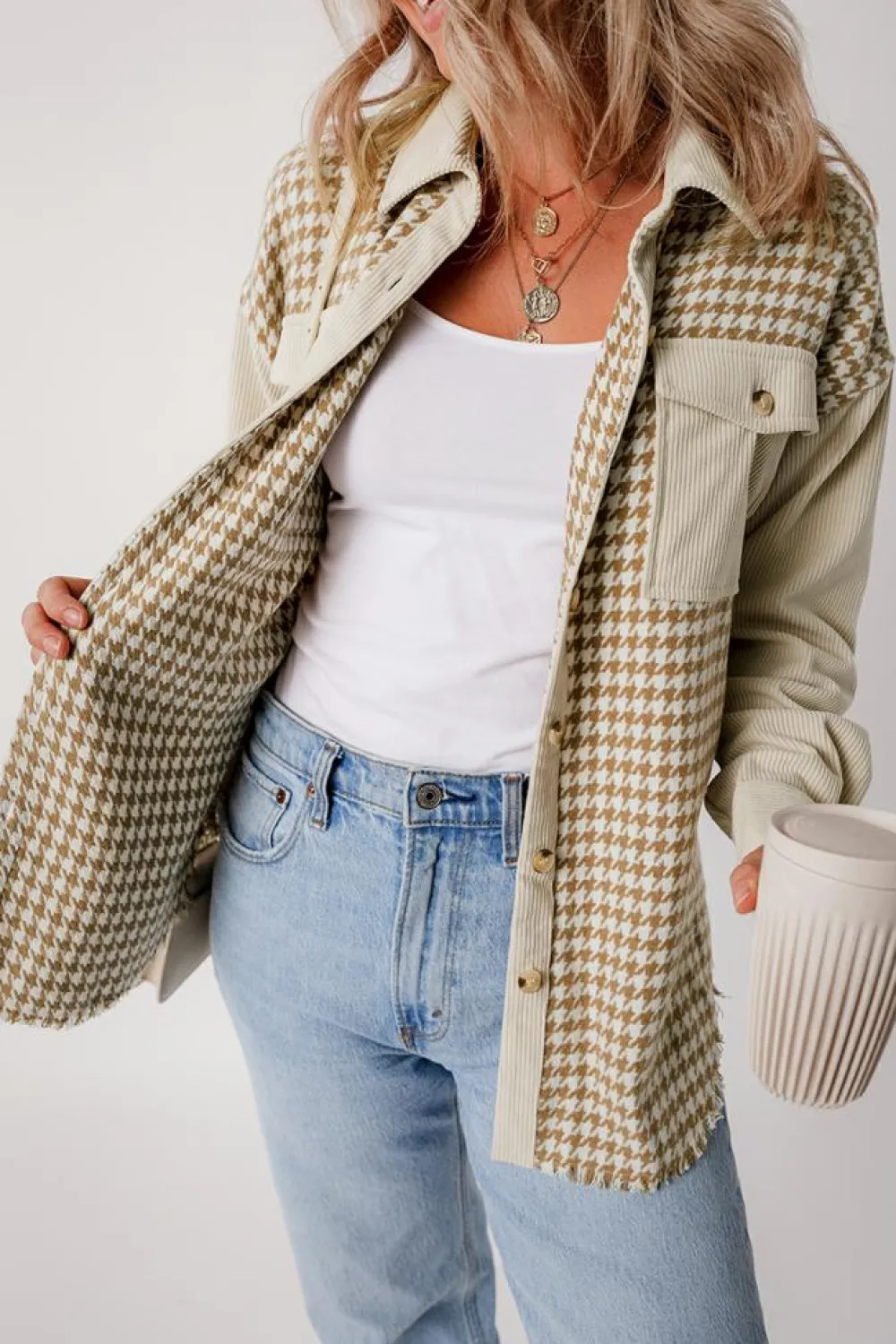 Hot Dear-Lover Houndstooth Corduroy Patchwork Flap Pocket Shacket Parchment