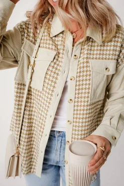 Hot Dear-Lover Houndstooth Corduroy Patchwork Flap Pocket Shacket Parchment