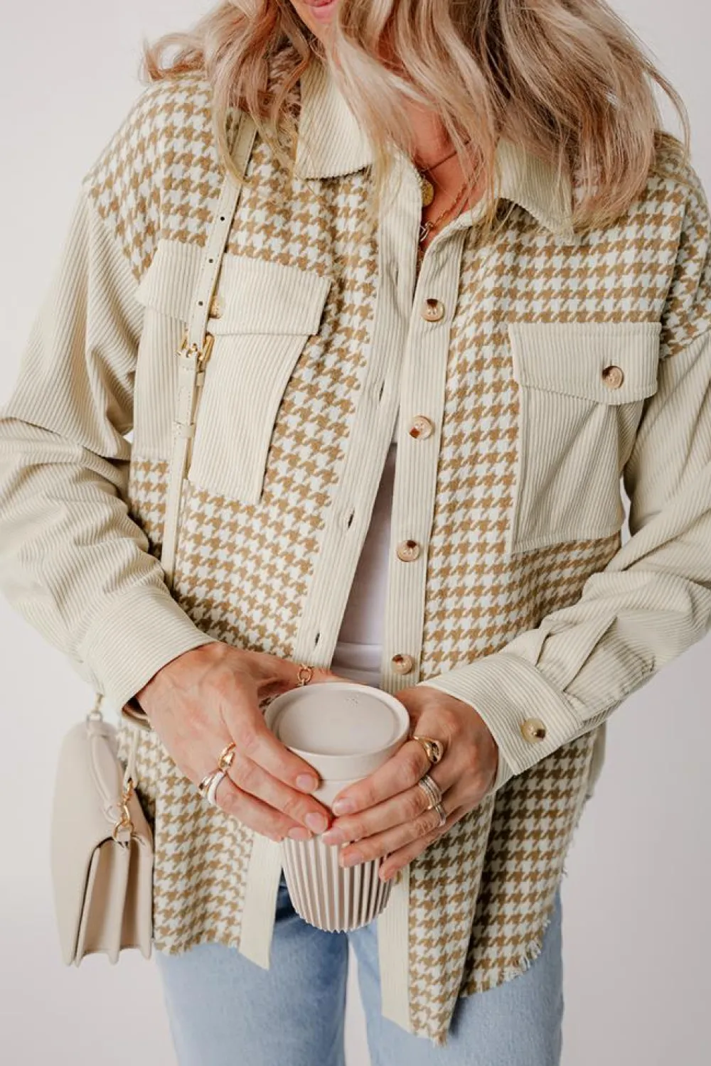 Hot Dear-Lover Houndstooth Corduroy Patchwork Flap Pocket Shacket Parchment
