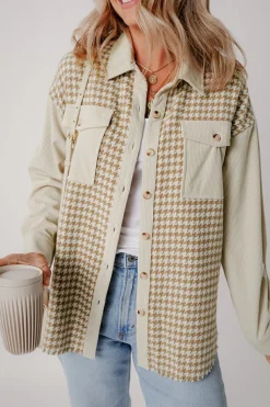 Hot Dear-Lover Houndstooth Corduroy Patchwork Flap Pocket Shacket Parchment