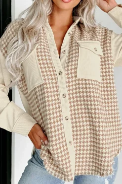 Hot Dear-Lover Houndstooth Corduroy Patchwork Flap Pocket Shacket Parchment