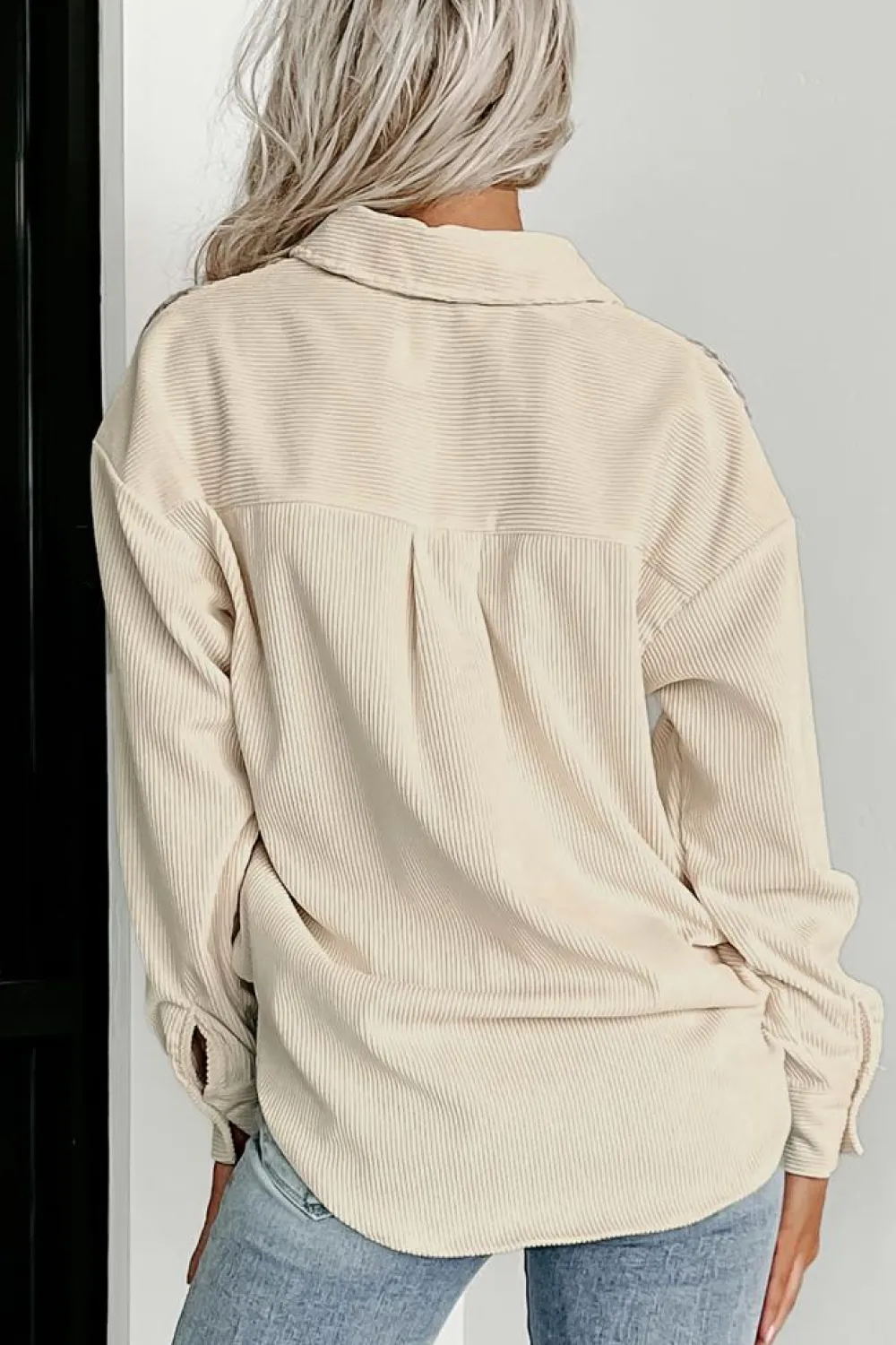 Hot Dear-Lover Houndstooth Corduroy Patchwork Flap Pocket Shacket Parchment