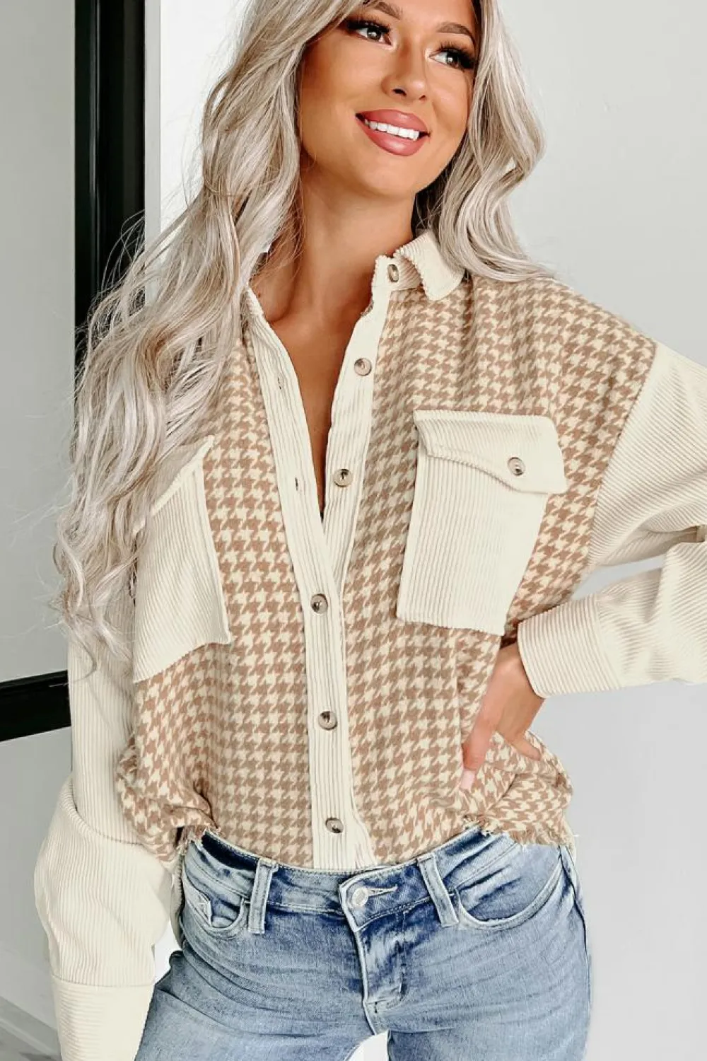 Hot Dear-Lover Houndstooth Corduroy Patchwork Flap Pocket Shacket Parchment