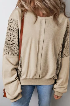Sale Dear-Lover Knit Crochet Exposed Seam Ribbed Trim Sweatshirt Parchment