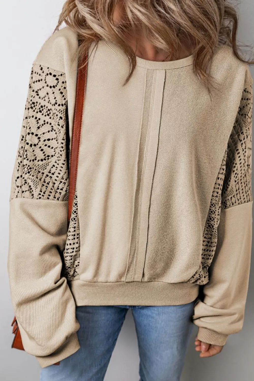 Sale Dear-Lover Knit Crochet Exposed Seam Ribbed Trim Sweatshirt Parchment