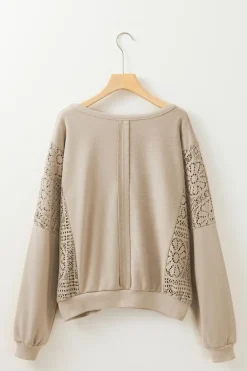 Sale Dear-Lover Knit Crochet Exposed Seam Ribbed Trim Sweatshirt Parchment