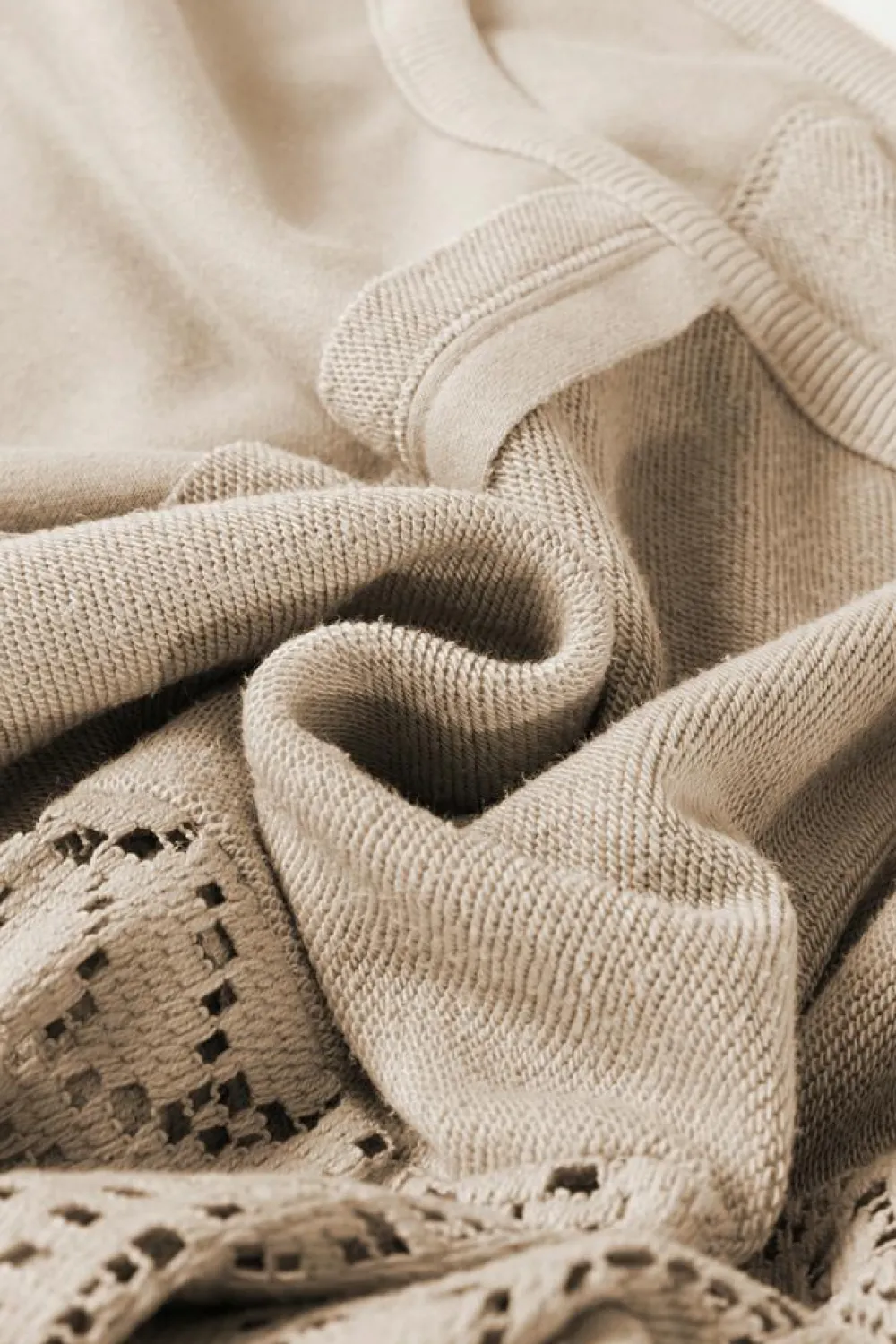 Sale Dear-Lover Knit Crochet Exposed Seam Ribbed Trim Sweatshirt Parchment