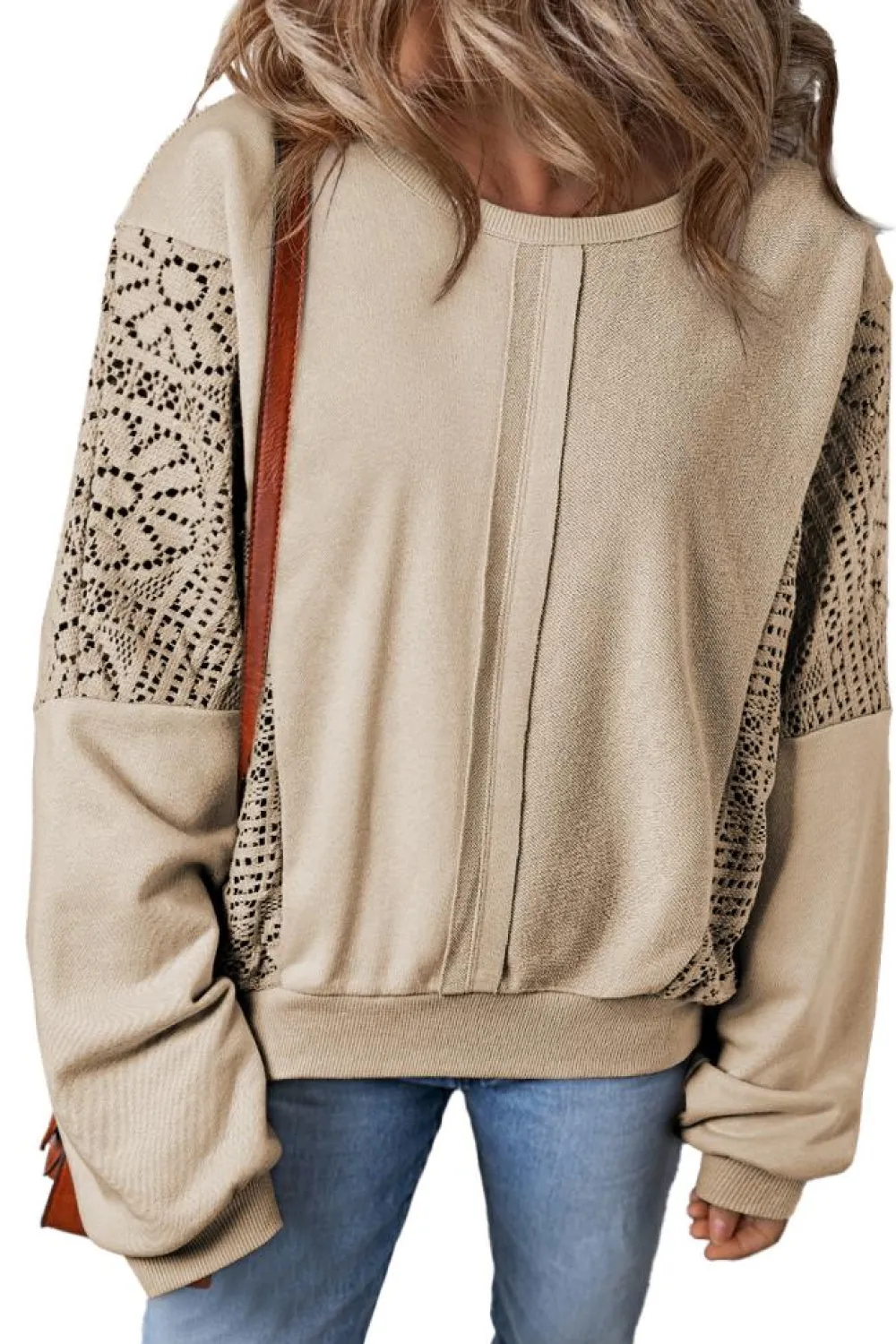 Sale Dear-Lover Knit Crochet Exposed Seam Ribbed Trim Sweatshirt Parchment