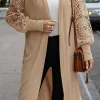 Sale Dear-Lover Lace Patchwork Ribbed Knit Open Front Duster Cardigan Parchment