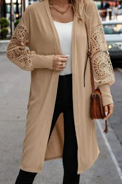 Sale Dear-Lover Lace Patchwork Ribbed Knit Open Front Duster Cardigan Parchment