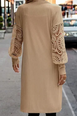 Sale Dear-Lover Lace Patchwork Ribbed Knit Open Front Duster Cardigan Parchment